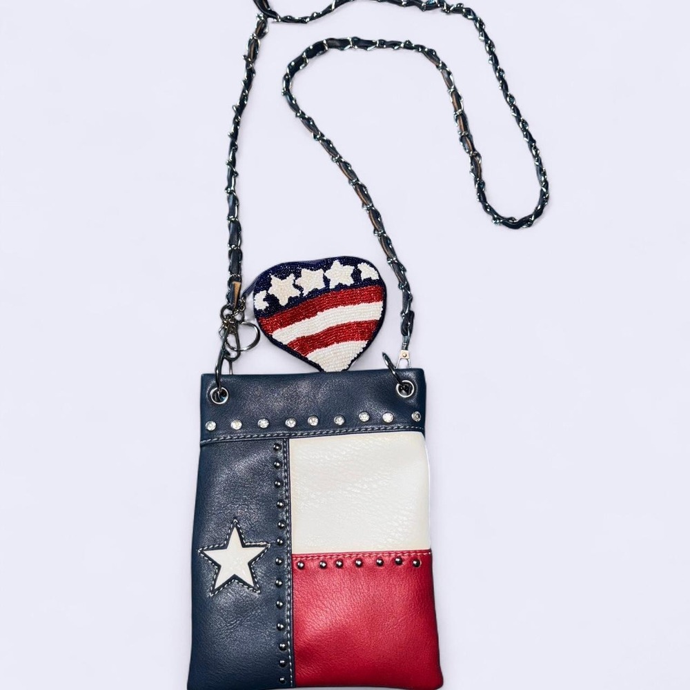Blue & white Texas flag crossbody bag with heart charm